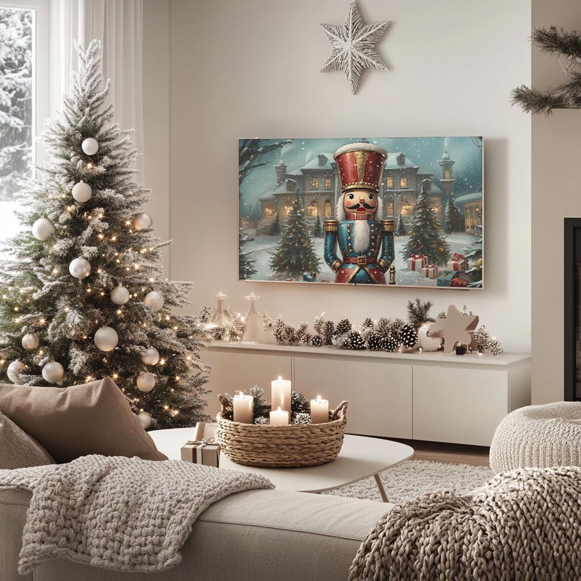 Nutcracker Soldier Snowy Village Scene Christmas Painting Poster - Image 5