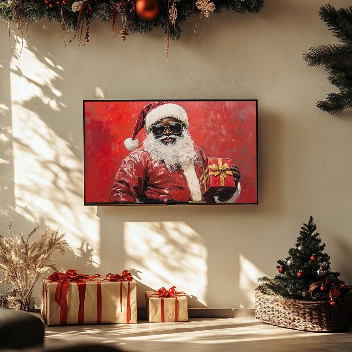 Cool Santa Sunglasses Holding Gift Bold Red Oil Painting Poster - Image 3
