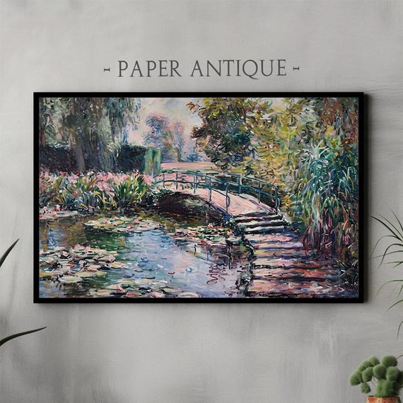 Frame Tv Art Monet Style Garden With Bridge Impressionist Landscape Painting Serene Nature Wall Art For Frame Tv Instant