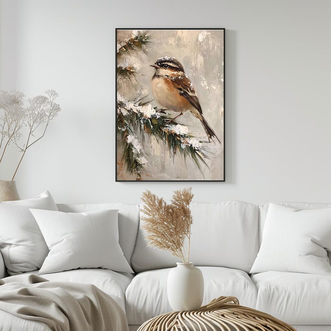 Winter Songbird on Snowy Pine Branch Soft Neutral Painting Poster - Image 5