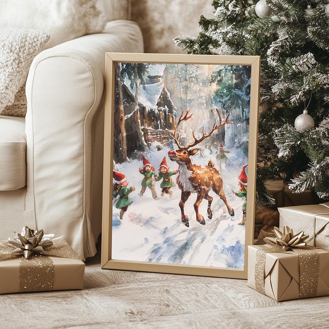 Red Nosed Reindeer Playing With Elves In Snowy Village Poster - Image 3