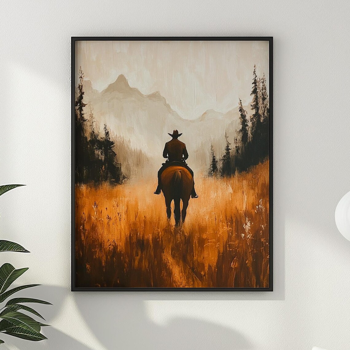 Cowboy on Horseback Riding Into Golden Fields Mountain Wall Art