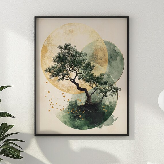 Bonsai Tree Poster Print Modern Geometric Abstract Japanese Wall Art Zen Buddhism Japandi Wall Decor Artful Trendy Gift Idea Matte Poster