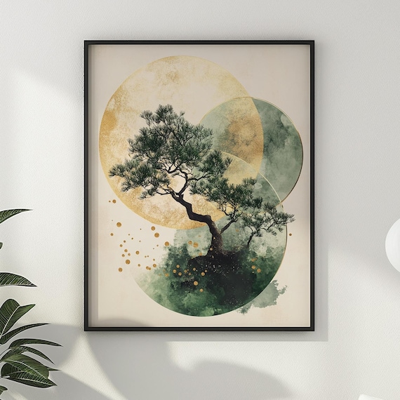 Japanese Bonsai Tree Golden Sun Geometric Abstract Minimalist Poster