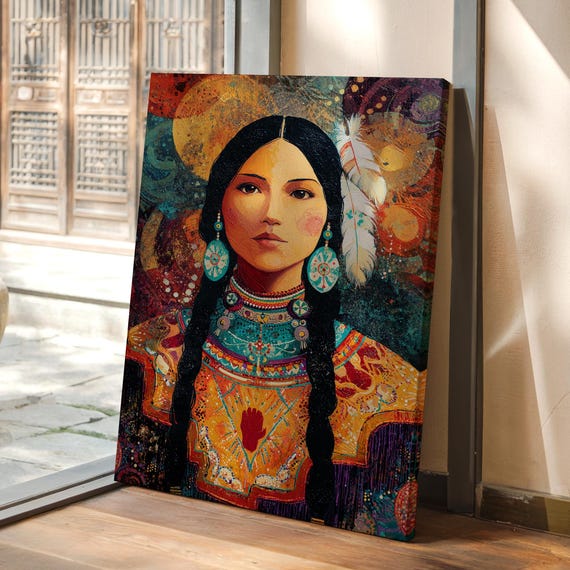 Native Woman Portrait With Feathers Tribal Wall Art