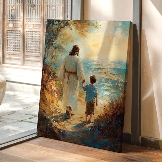 Jesus Holding a Boy's Hand Walking Toward the Sea at Sunset Poster