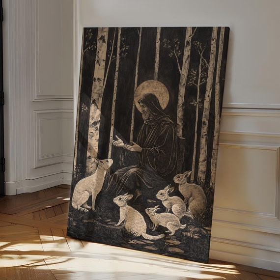Spiritual Forest Monk Wall Art Handcrafted Rustic Scene With Natures Harmony Hangable Home Decor Featuring Woodland Wildlife