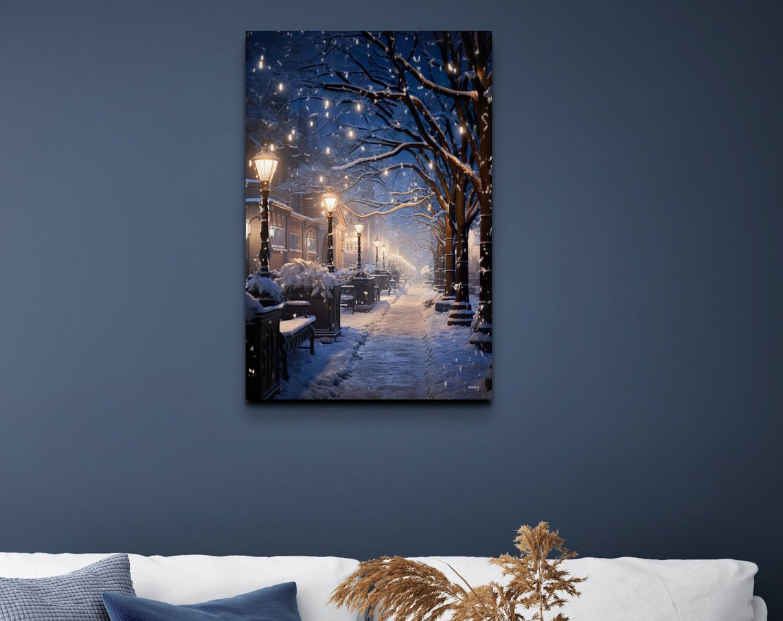 Snowy Winter Street Night Glowing Lamps Falling Snow Art Poster
