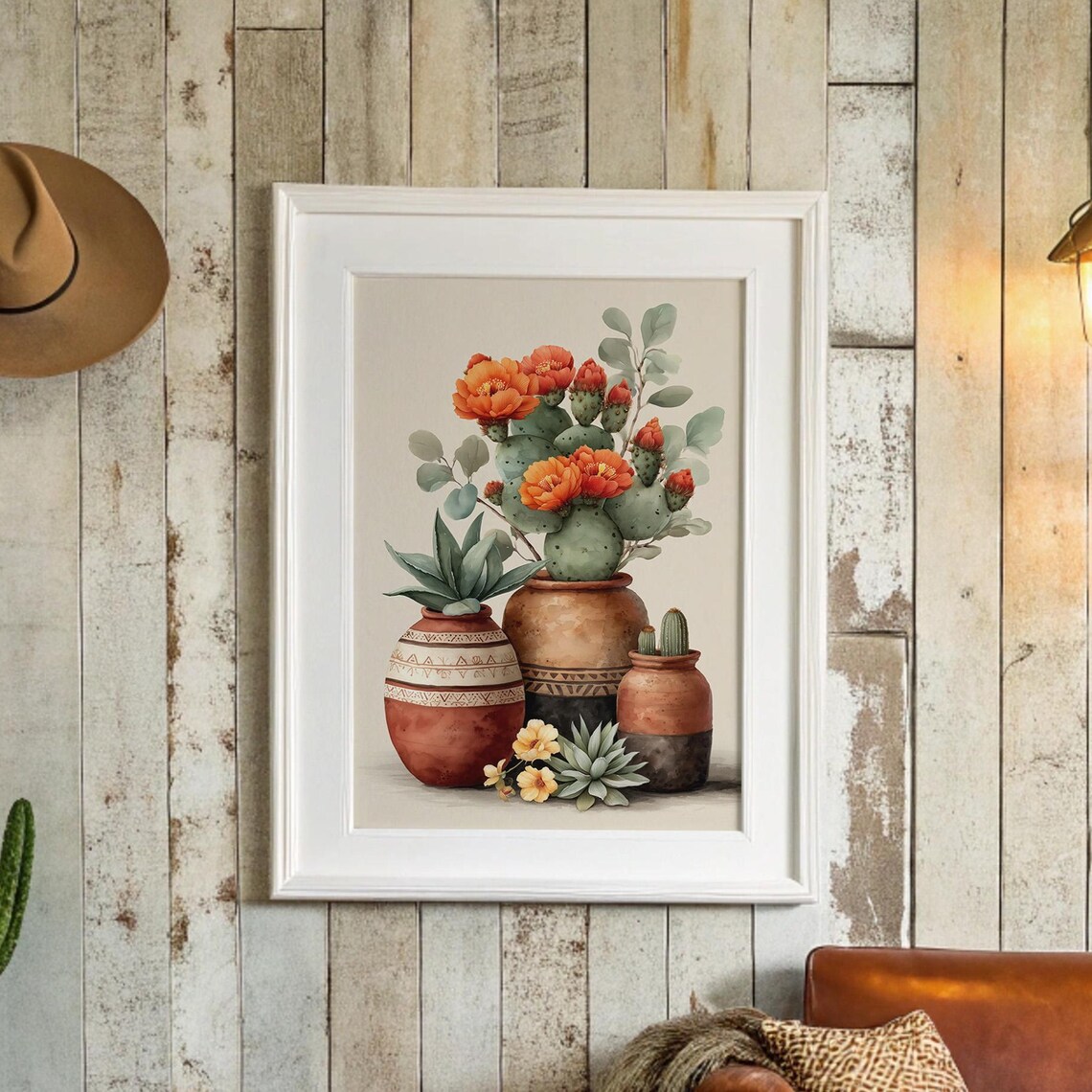 Blooming Cactus In Southwestern Pottery Terracotta Watercolor Poster