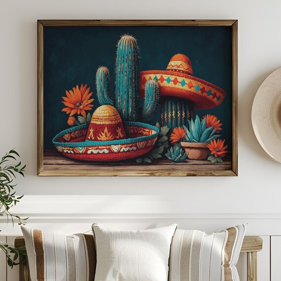 Colorful Mexican Still Life With Sombreros And Cactus Flowers Poster