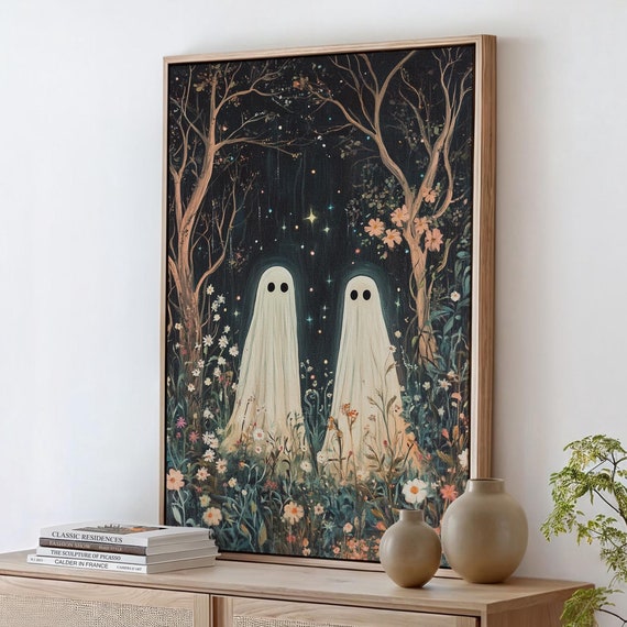 Two Ghosts In A Starry Night Garden Wall Art Whimsical And Enchanting Floral Fantasy Decor