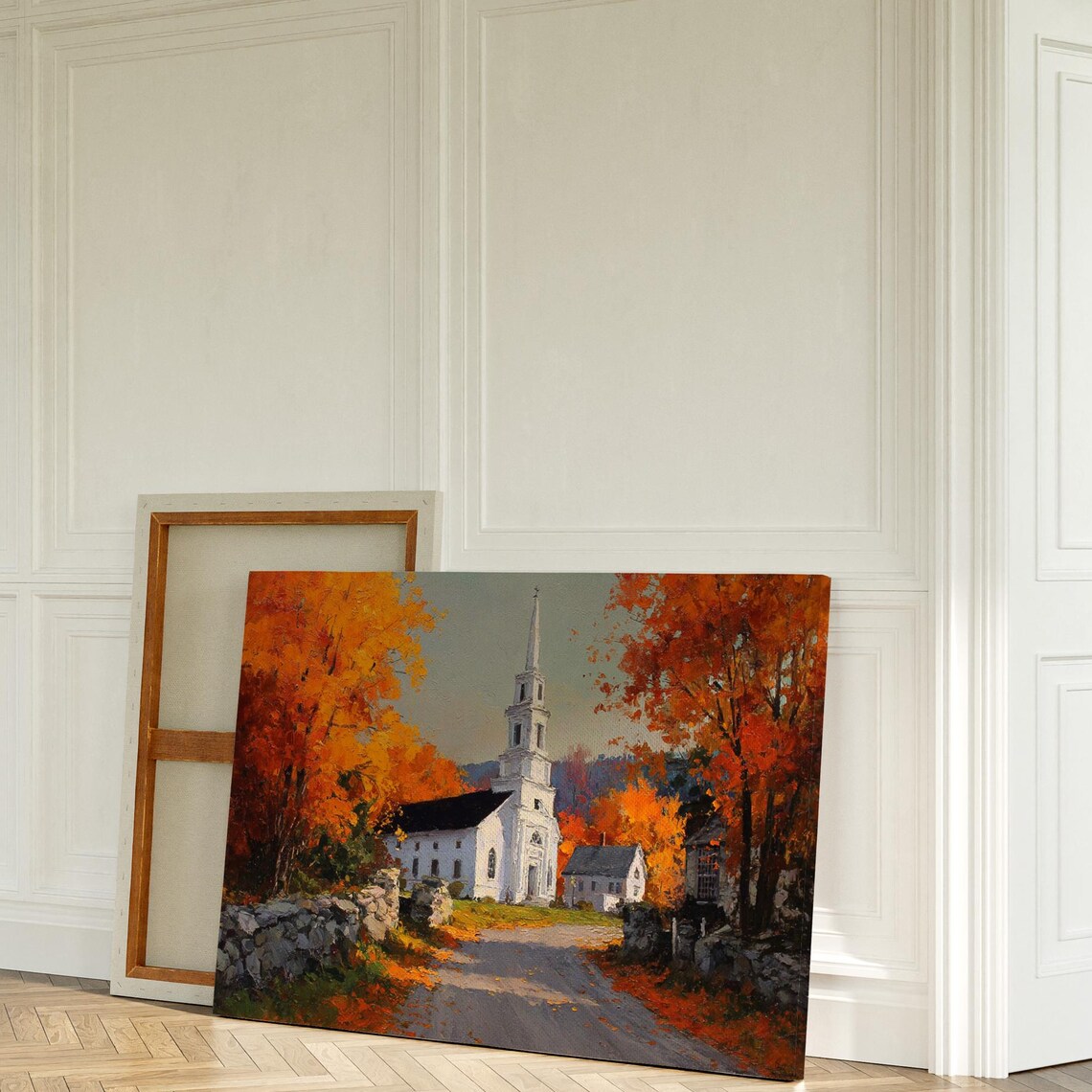 White Church in Autumn Village Fall Foliage Oil Painting Poster