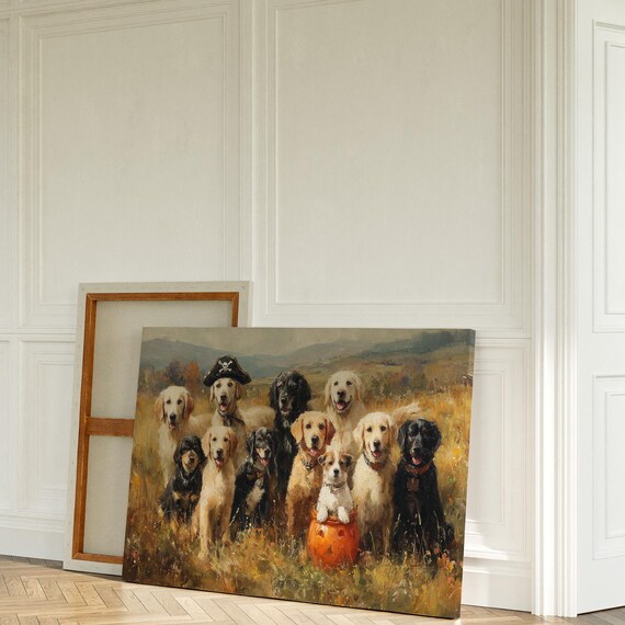 Happy Dogs Halloween Portrait Golden Retrievers Autumn Field Poster