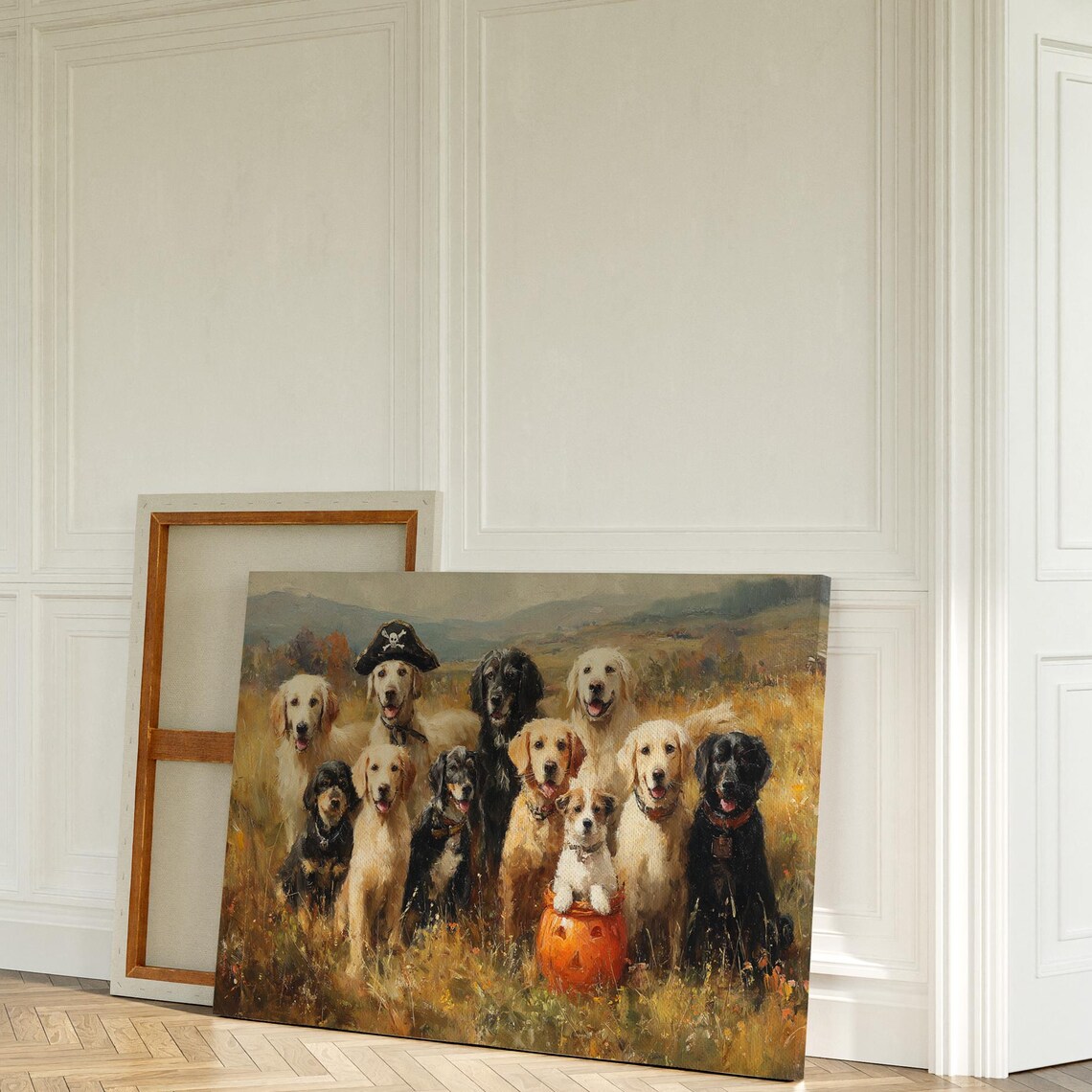 Happy Dogs Halloween Portrait Golden Retrievers Autumn Field Poster