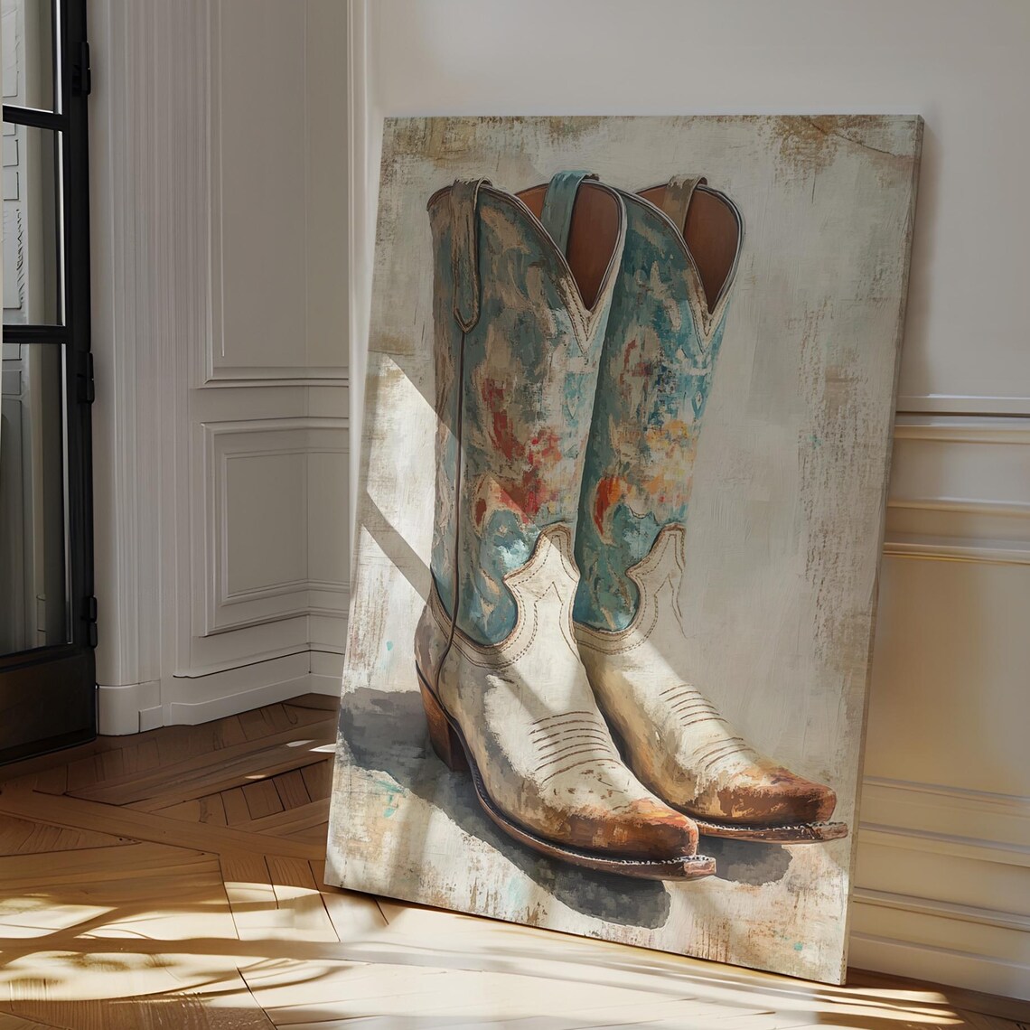 Distressed Turquoise Cowboy Boots Oil Painting Western Wall Art