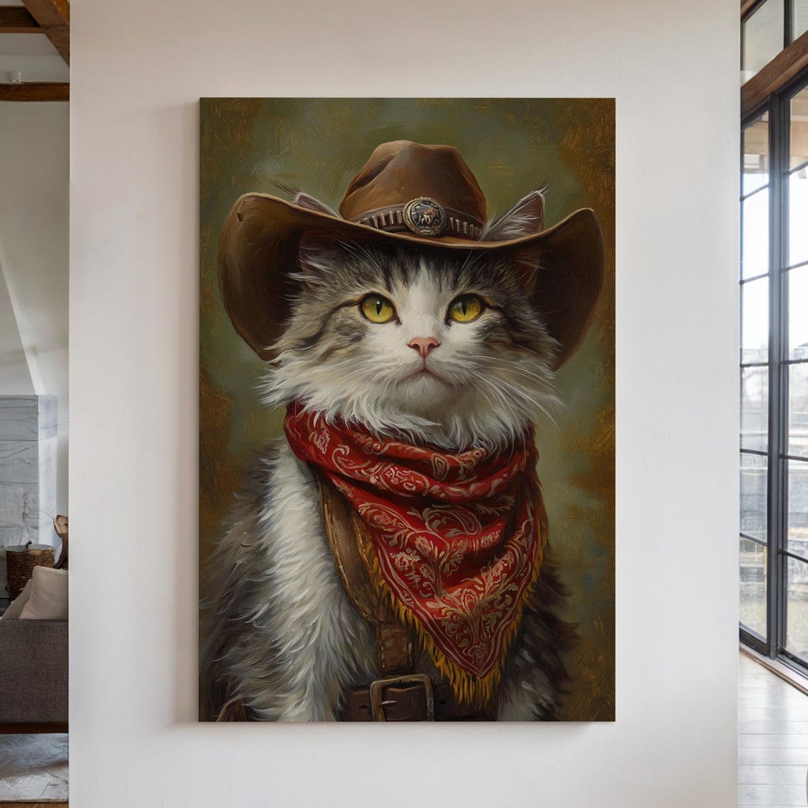 Cowboy Cat Portrait With Sheriff Badge Hat And Red Bandana Print