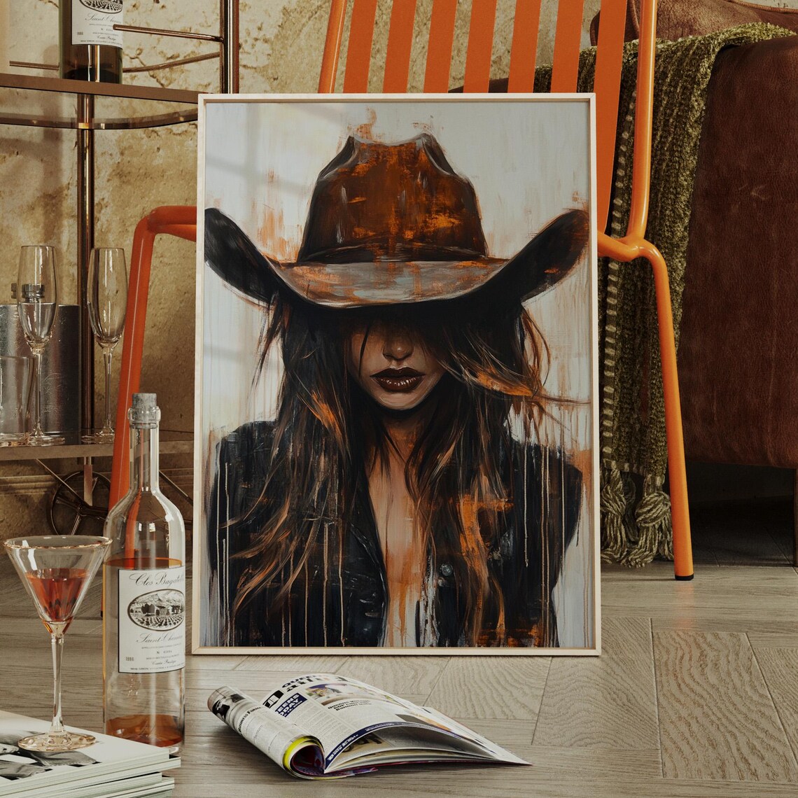 Cowgirl Portrait, Dripping Paint Western Art Print