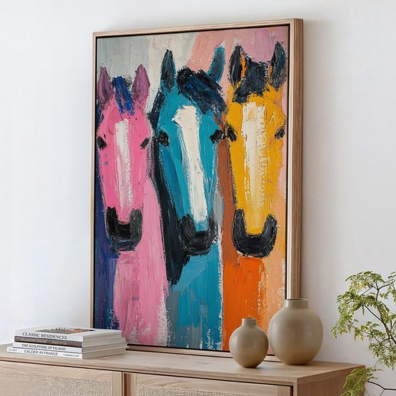 Bold Abstract Horse Trio Vibrant Pink Blue Yellow Brush Strokes Modern Colorful Farmhouse Wall Art For Living Room And Office