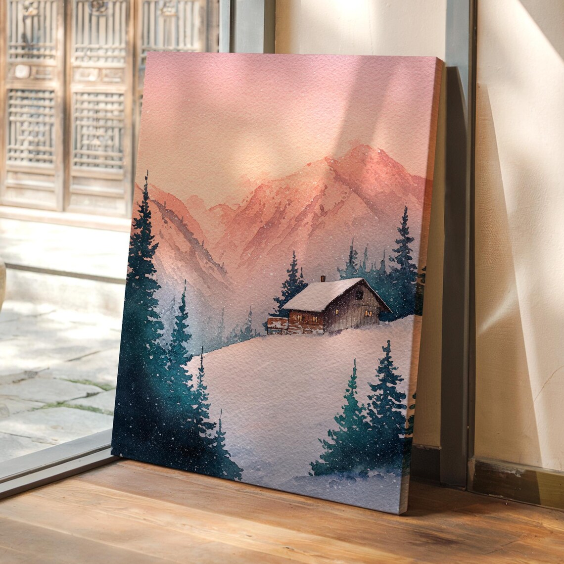 Snowy Mountain Cabin Winter Watercolor Pines Rustic Lodge Wall Art