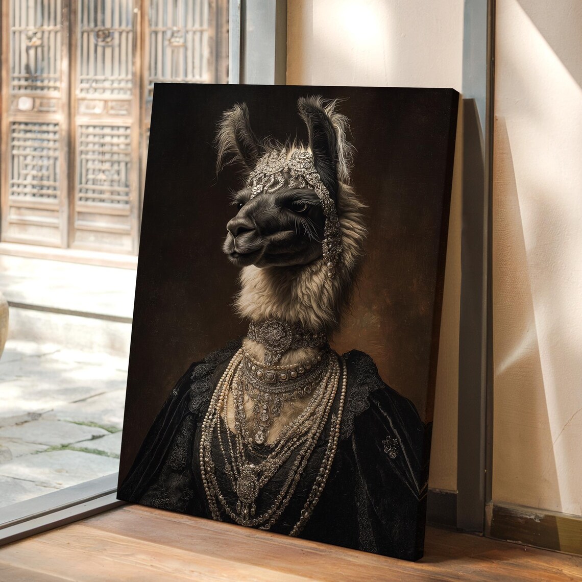 Regal Llama Portrait with Pearl Jewels Layered Necklaces Wall Art