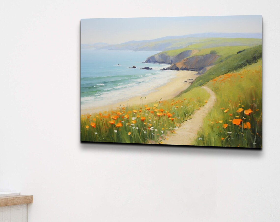 California Coast With Orange Poppies Above Sandy Beach Art Poster