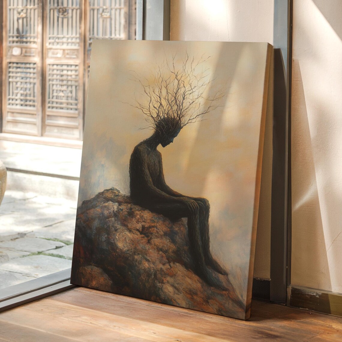 Tree Man On Cliff At Sunset, Surreal Oil Painting
