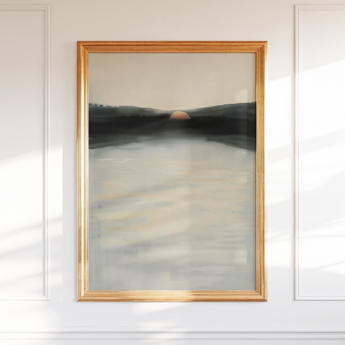 Minimalist Sunset Lake Misty Abstract Watercolor Painting Print