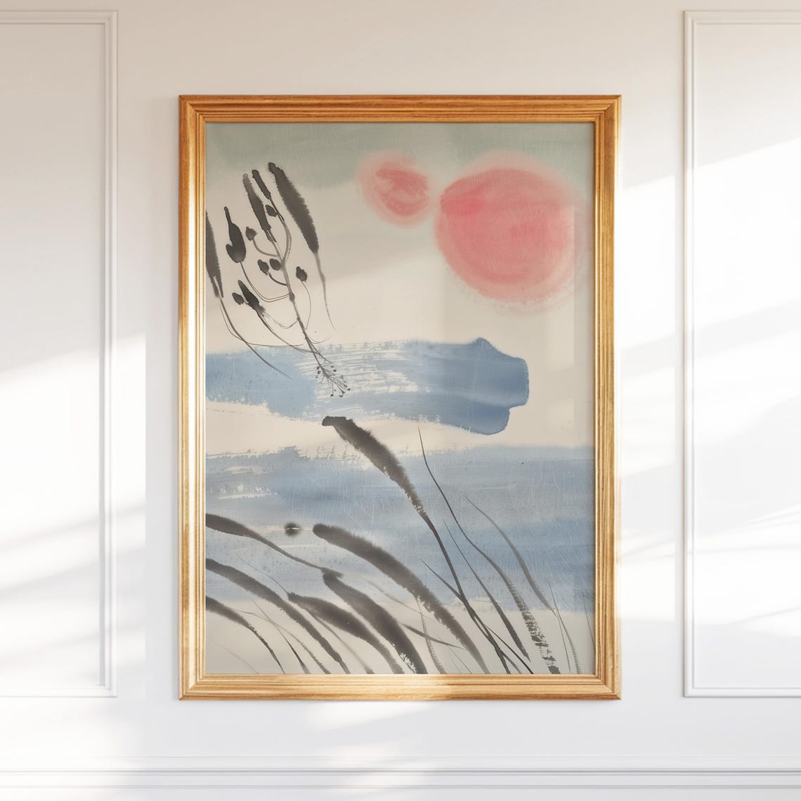 Zen Ink Sunset Reeds Abstract Minimalist Japanese Style Art Poster