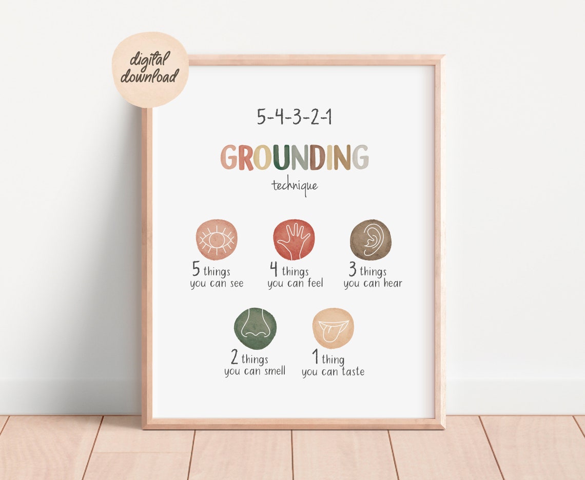 5-4-3-2-1 Grounding Technique Watercolor Mindfulness Therapy Poster - Image 3