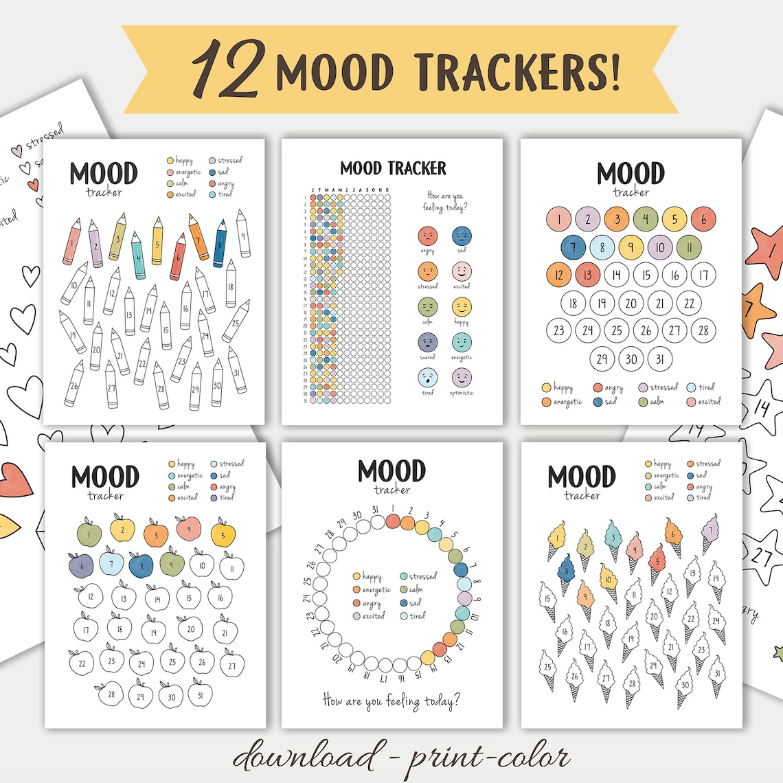Mood Trackers Bundle, Feelings Chart Mental Health Poster