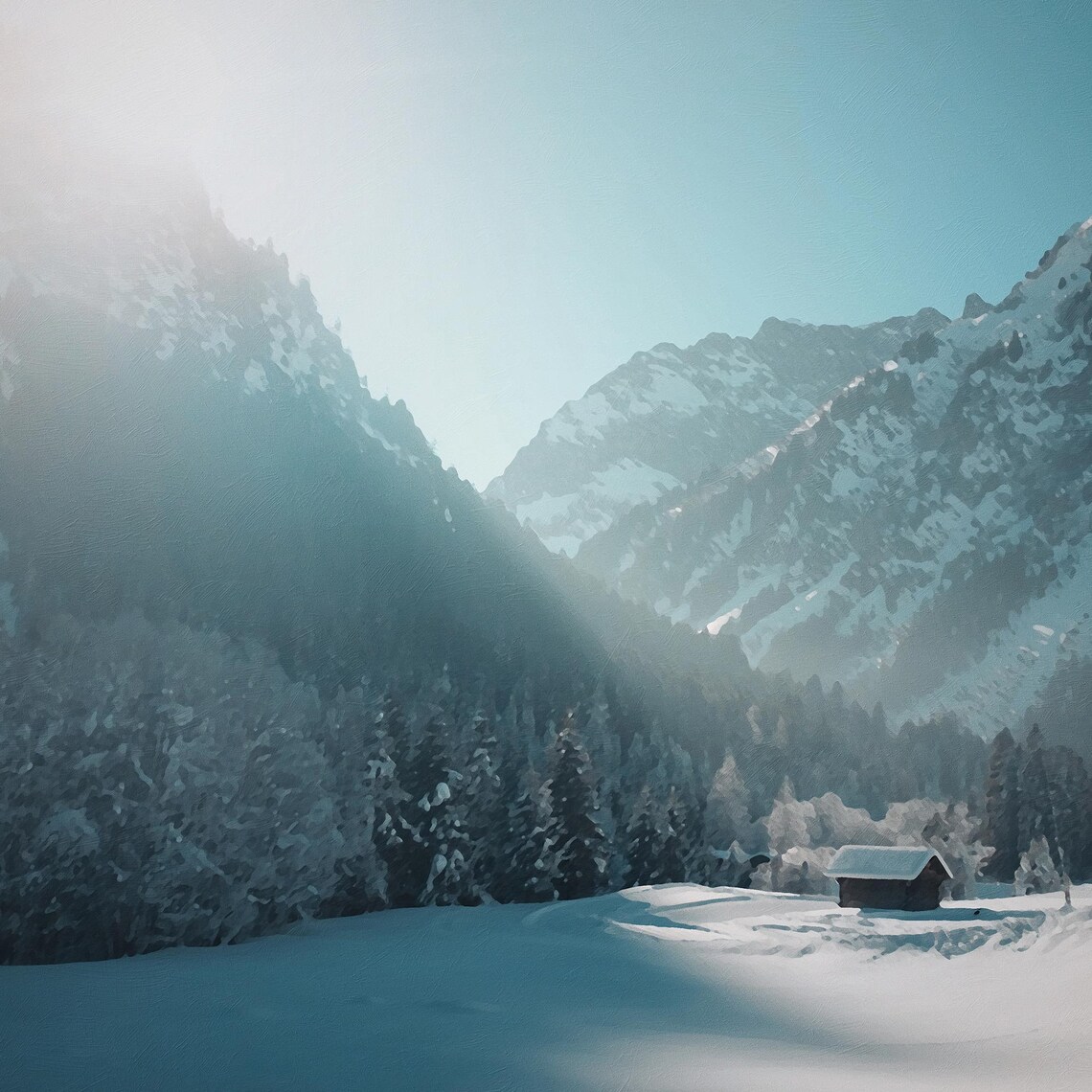 Cabin In The Snowy Mountains, Winter Art Print - Image 3