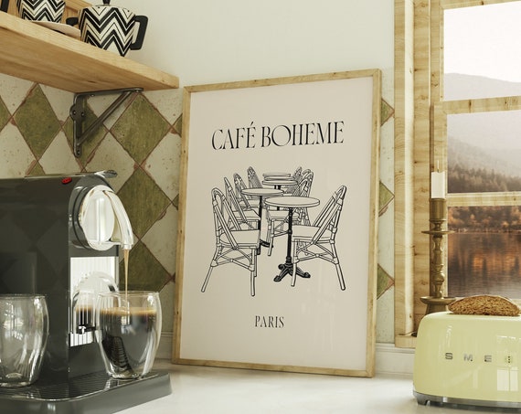 Cafe Boheme Print Aesthetic Kitchen Decor Coffee Bar Poster Fun Apartment Wall Art French Print French Cafe Print Wall Art