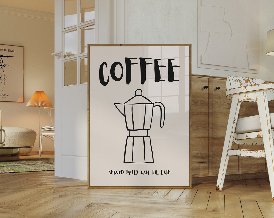 Coffee Moka Pot Served Daily Cute Retro Kitchen Cafe Wall Poster