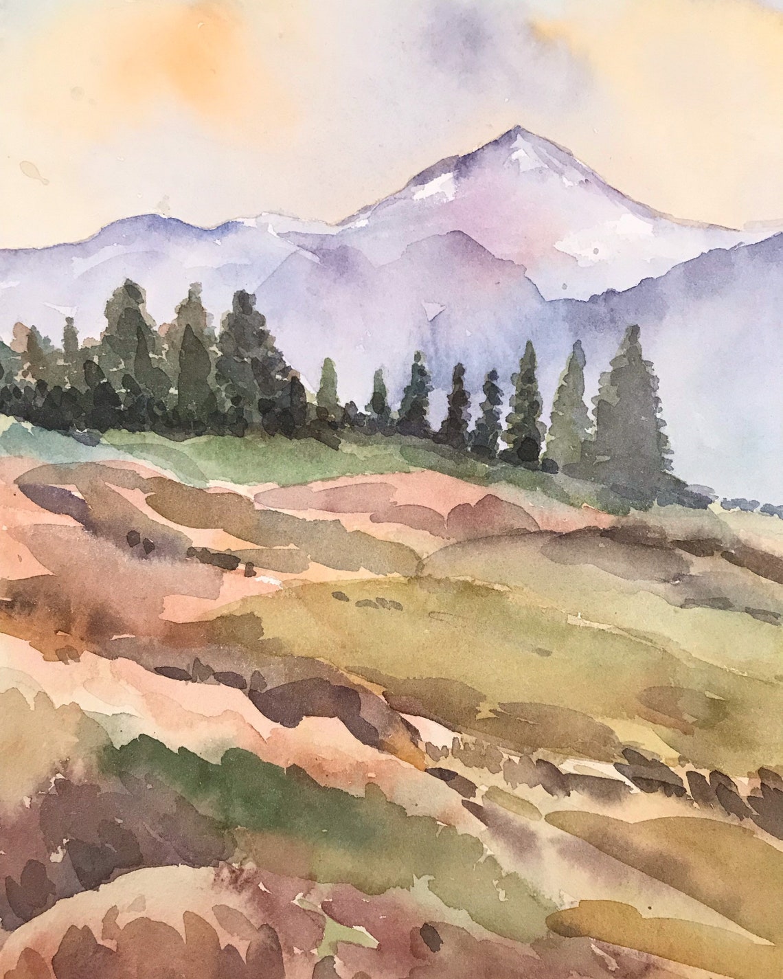 Snow Capped Mountain at Sunrise Watercolor Pine Forest Poster
