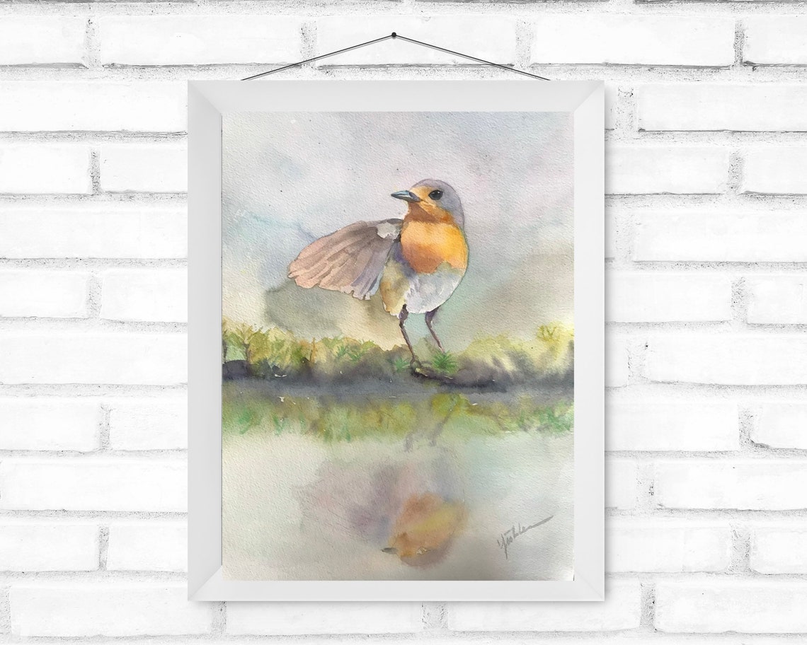 European Robin Stretching Wings by Water Watercolor Bird Poster