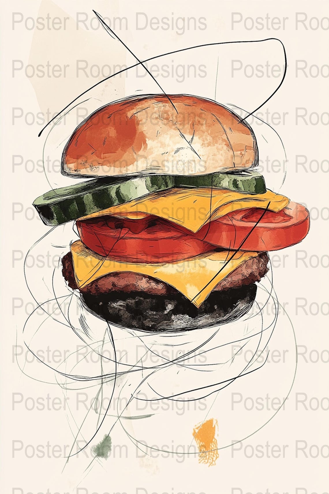 Minimal Cheeseburger Line Art Watercolor Sketch Kitchen Poster - Image 3