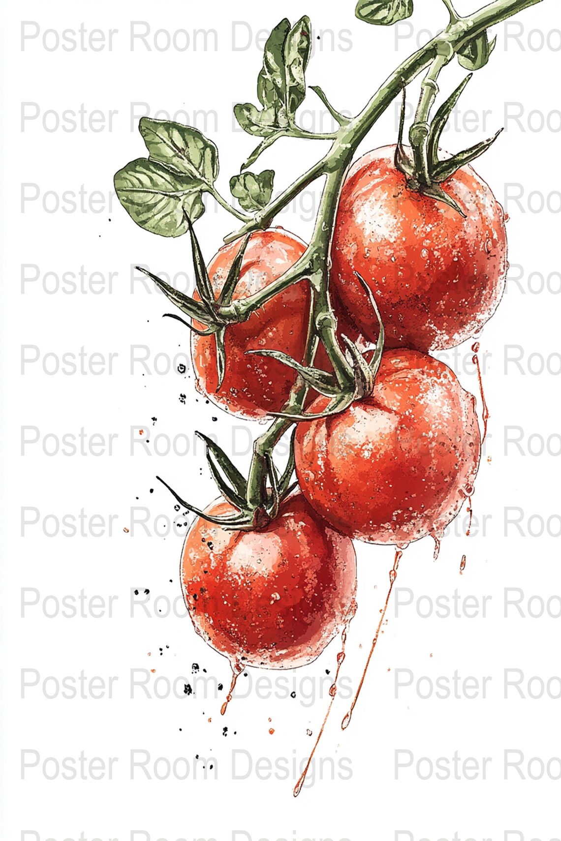 Red Tomato Vine Watercolor Sketch Poster with Paint Drip Accents - Image 3