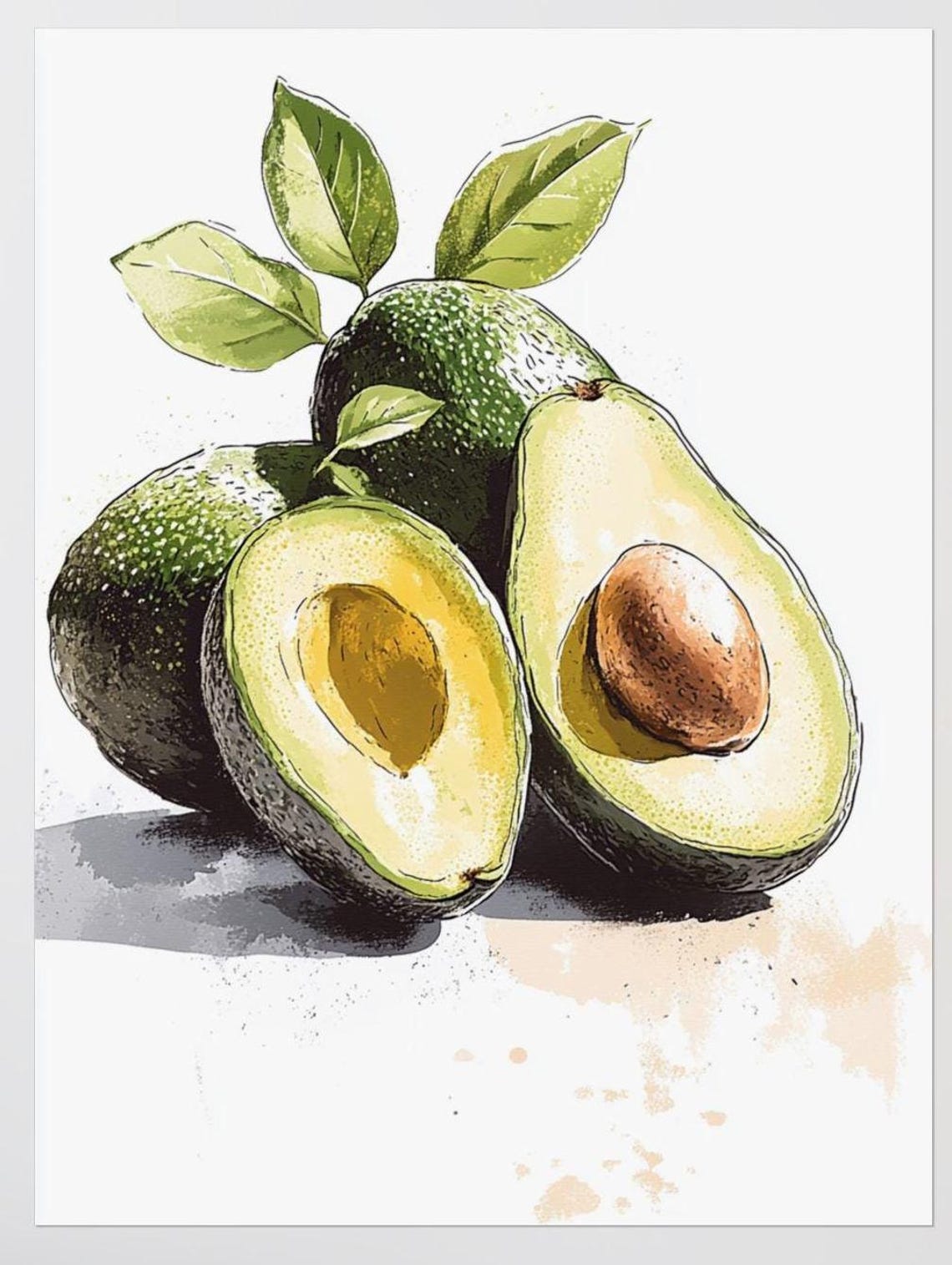 Avocado Halves With Large Pit Watercolor Kitchen Food Poster - Image 2