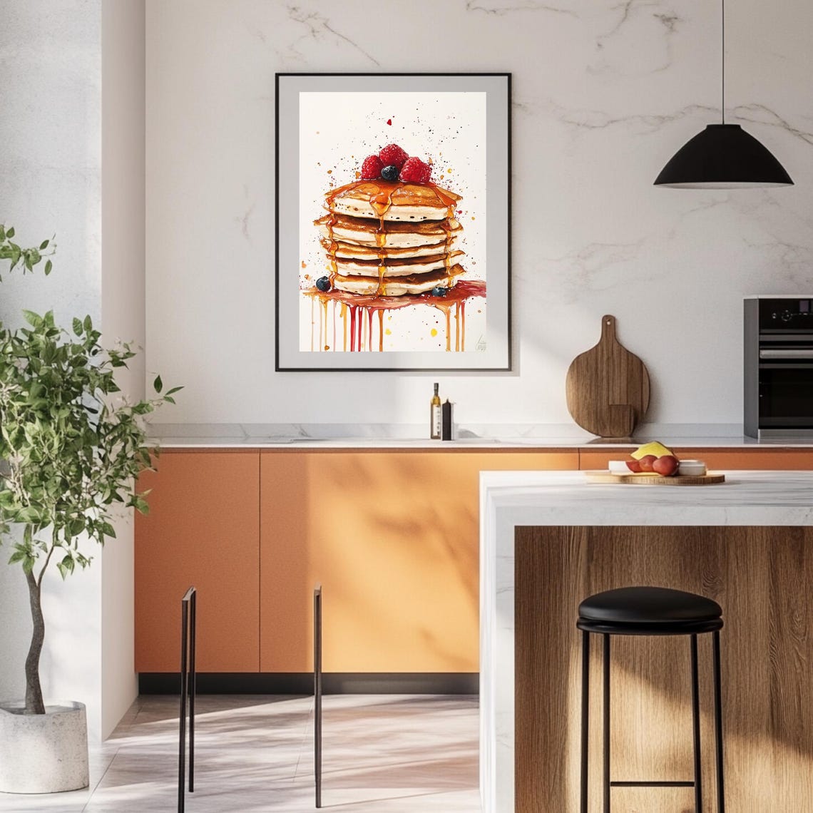 Stacked Pancakes Watercolor Painting with Berries and Syrup Poster - Image 3
