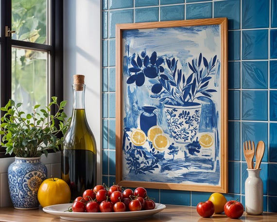 Chinoiserie Kitchen Wall Art Matisse Inspired Blue And White Print Lemon Botanical French Country Decor