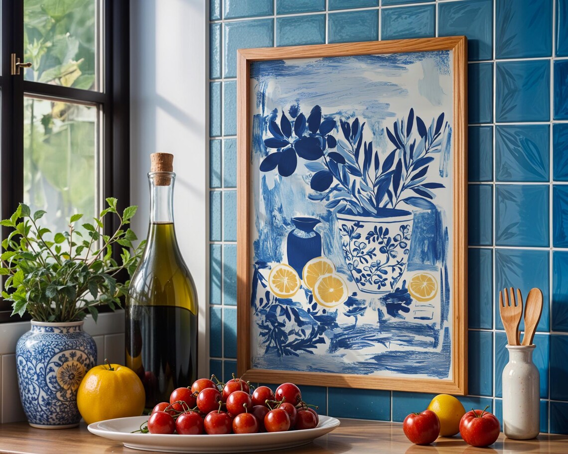 Blue White Chinoiserie Lemon Branch Porcelain Botanical Still Life Print