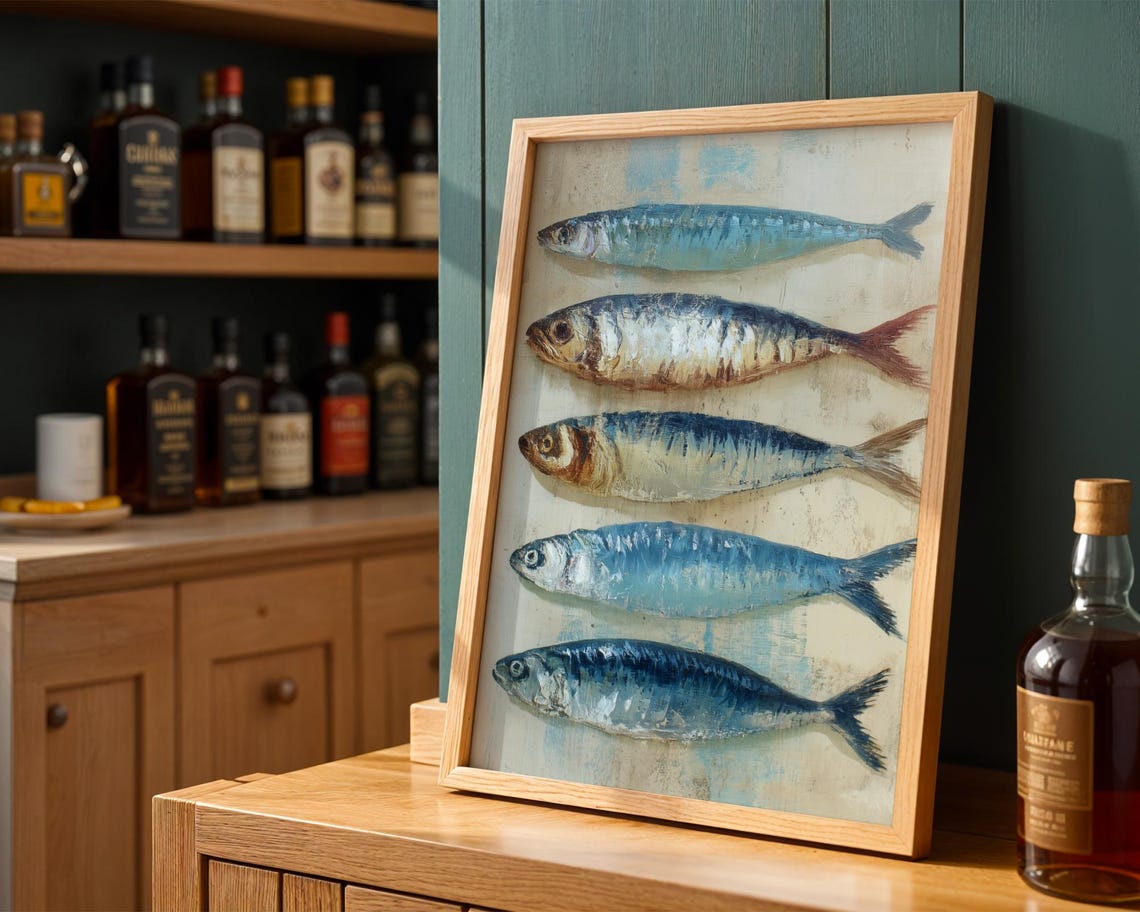 Vintage Sardine Fish Row Rustic Blue Seafood Kitchen Wall Art