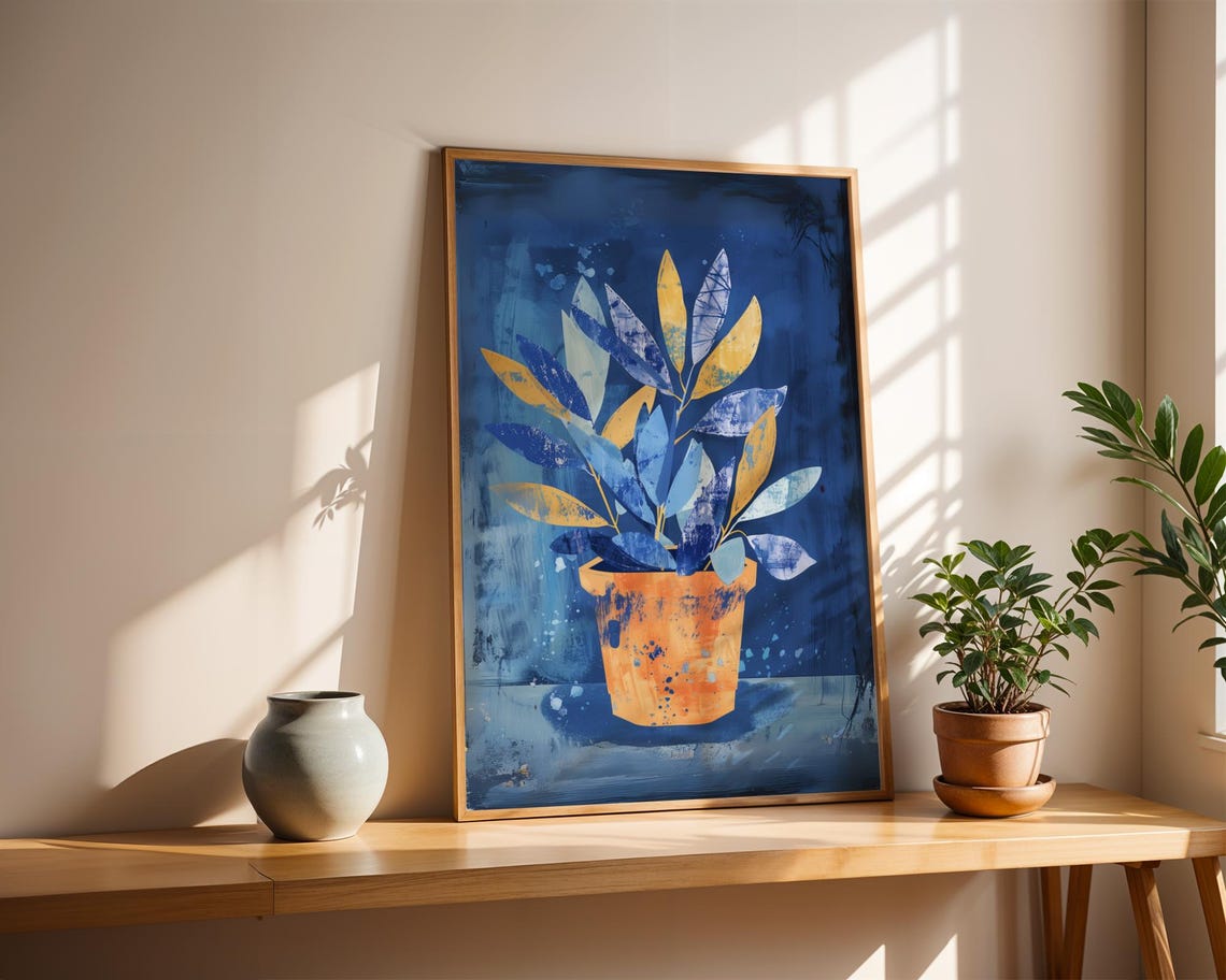 Golden Leaves in Orange Pot on Cobalt Blue Abstract Wall Poster