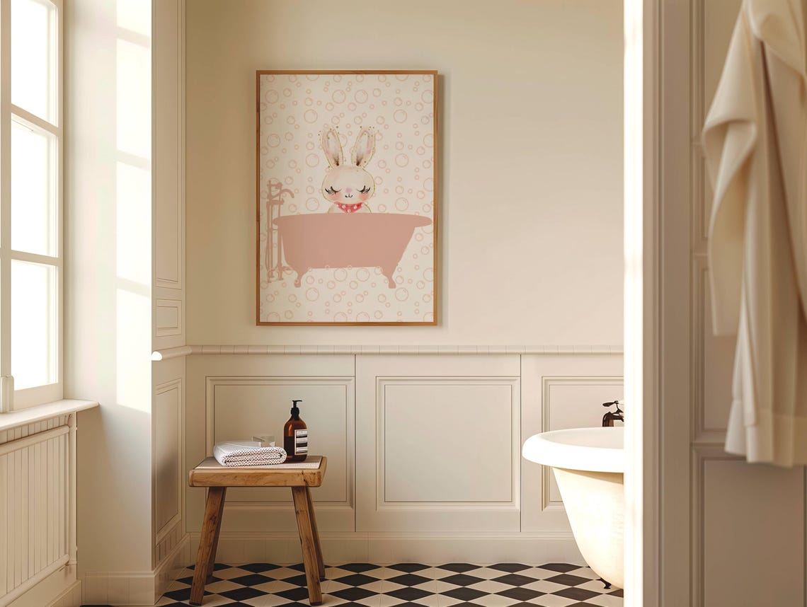 Bunny Taking A Bubble Bath Cute Nursery Bathroom Decor Poster - Image 4