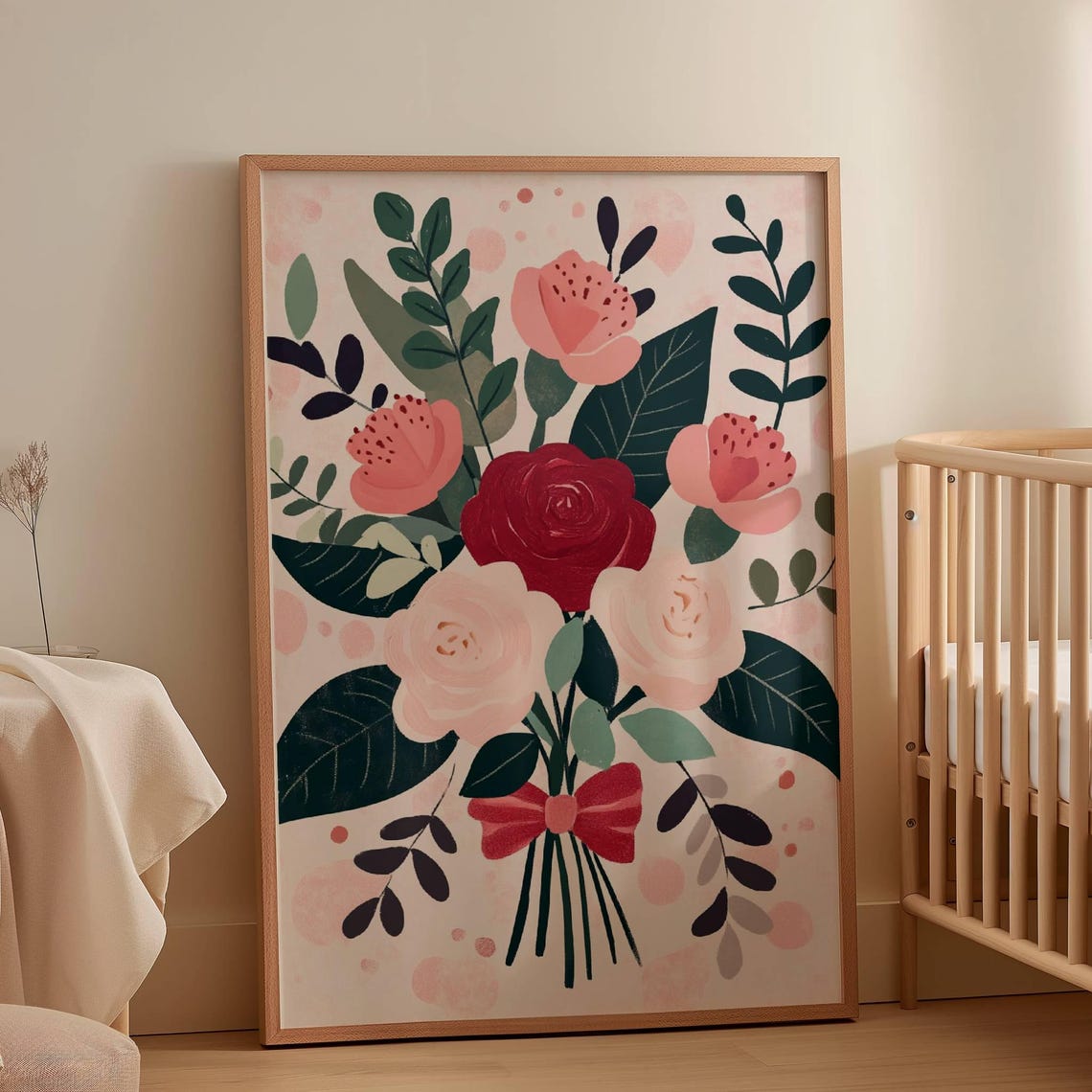 Rose Bouquet with Red Bow Girly Nursery Floral Decoration Art Poster - Image 4