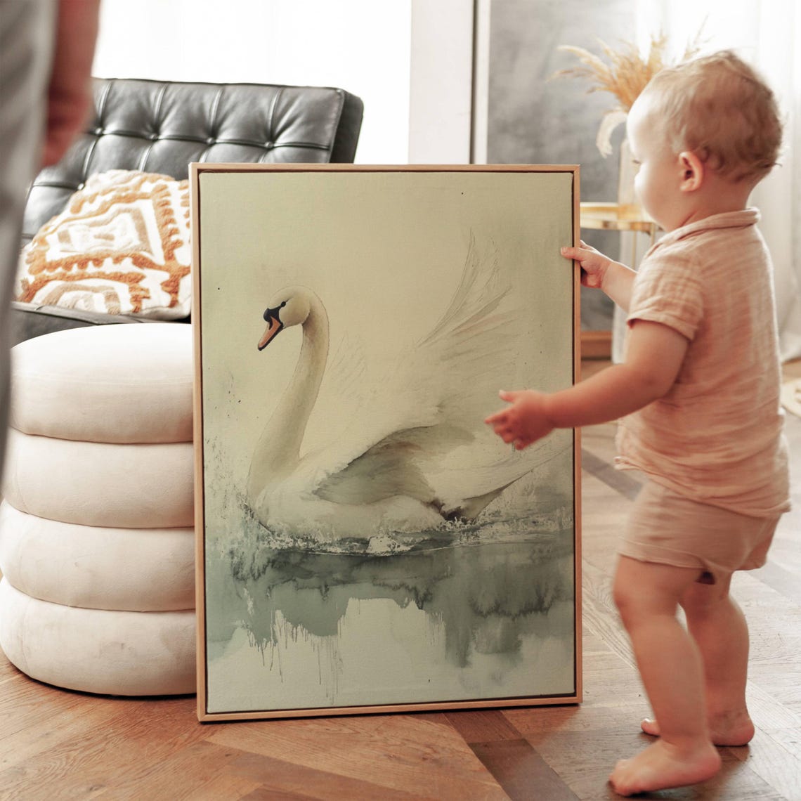 White Swan Preening Feathers Soft Watercolor Bird Art Poster - Image 3
