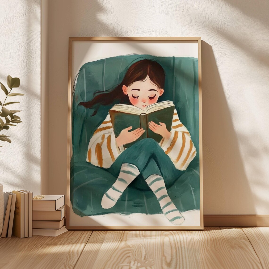 Girl Reading In Teal Armchair Cozy Striped Socks Bookish Art Poster