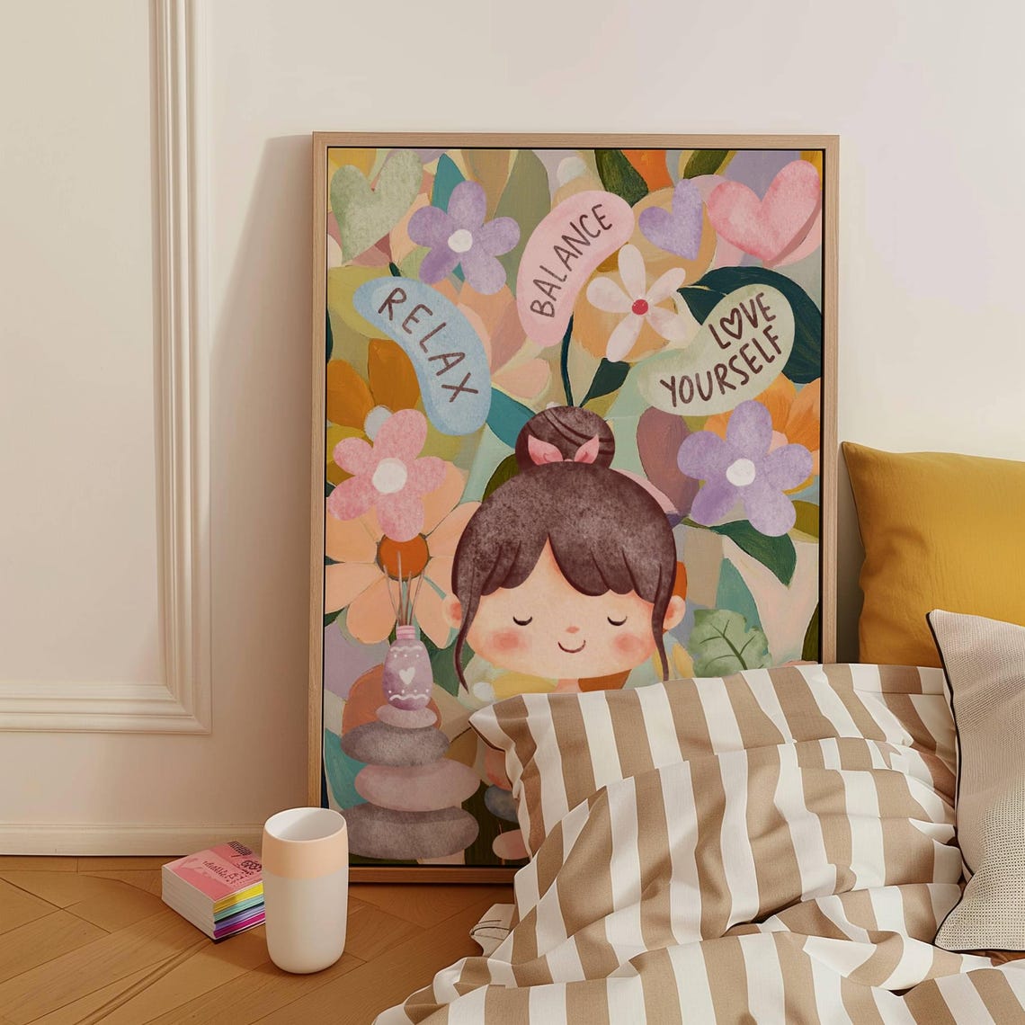 Relax Balance Love Yourself Meditating Girl Floral Mindfulness Poster - Image 5