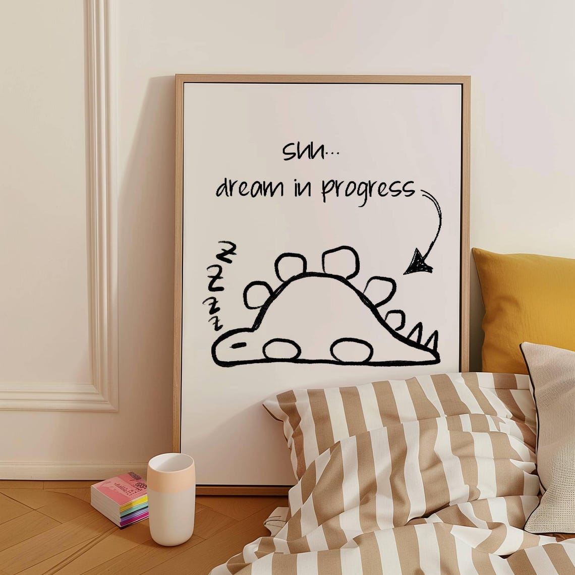 Shh Dream In Progress Sleeping Dinosaur Line Art Cute Nursery Poster - Image 2