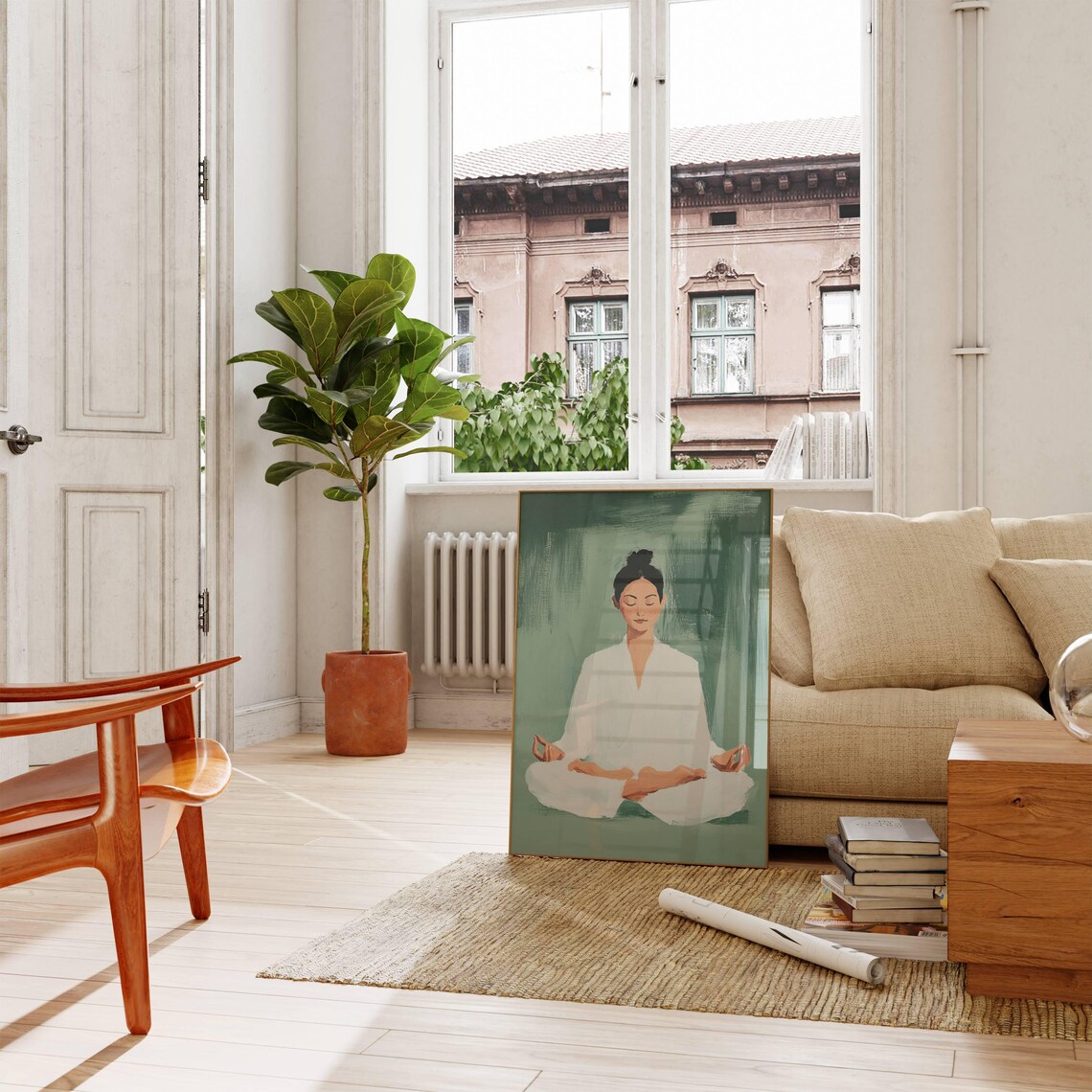 Woman Meditating in White Robe Green Background Yoga Zen Mindfulness Poster - Image 4